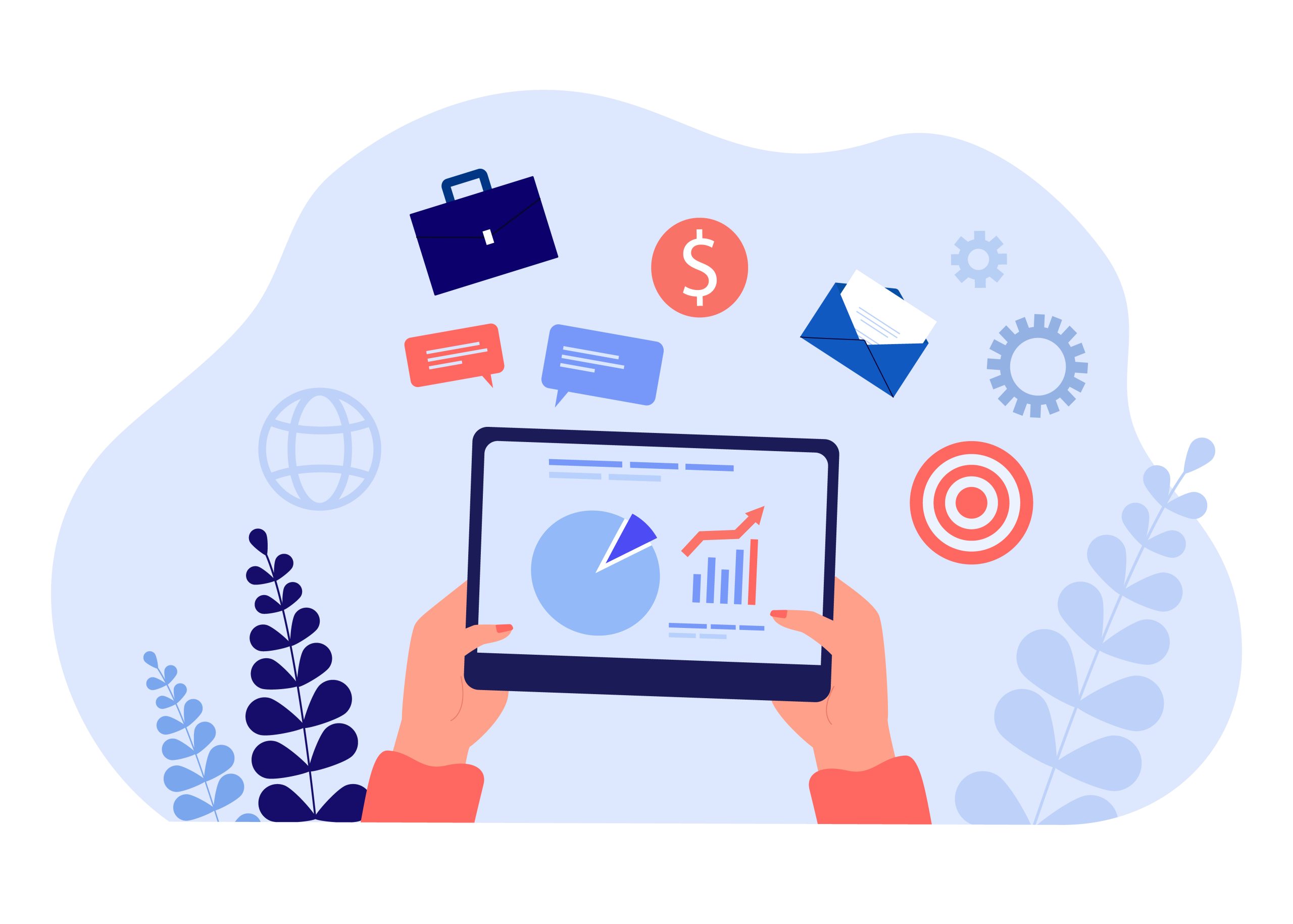 Hands holding tablet with business plan or statistics on screen
